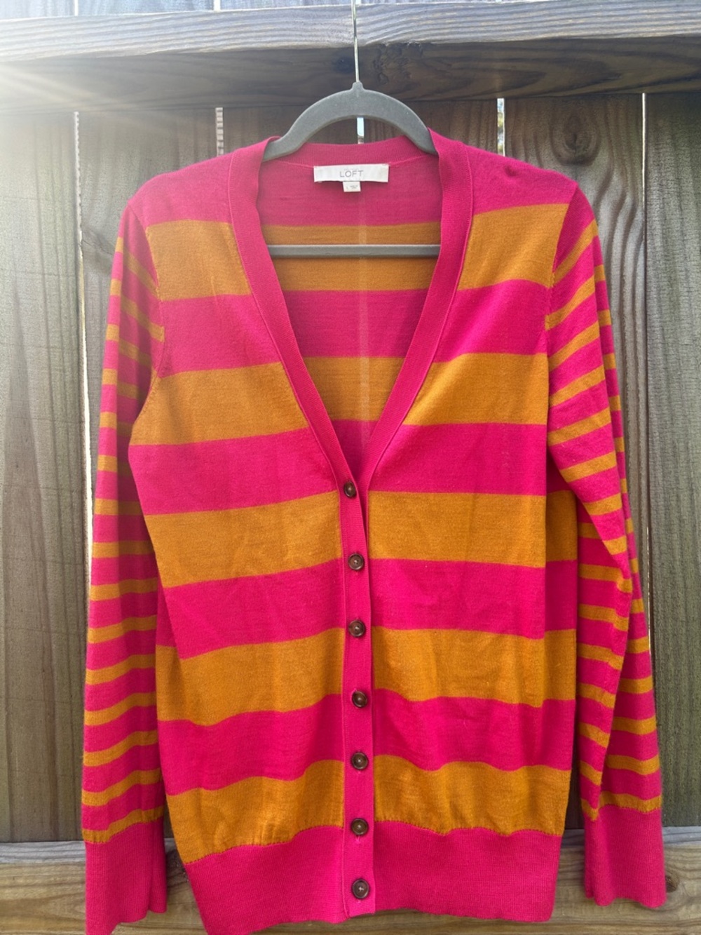 Ann Taylor LOFT Wool Blend Pink & Orange/Gold Striped Button Cardigan, Large